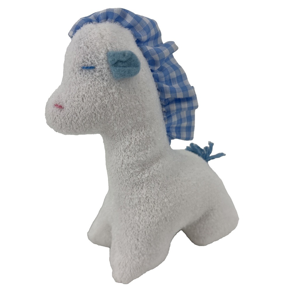 Vtg Eden Giraffe Rattle 7" Stuffed‎ Plush Toy Terry Cloth White Blue Plaid Yarn